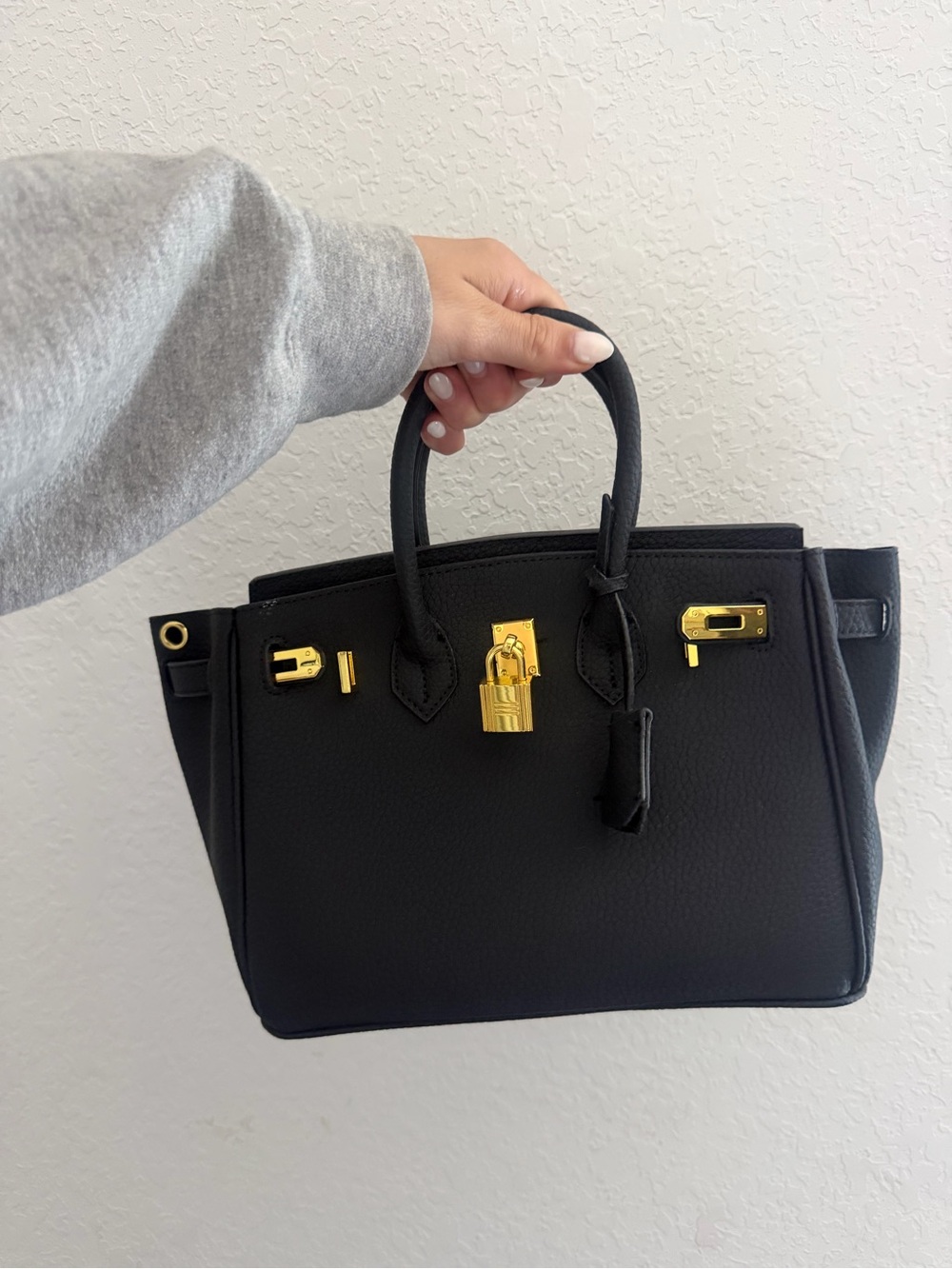 Black Structured Tote Handbag with Gold Hardware